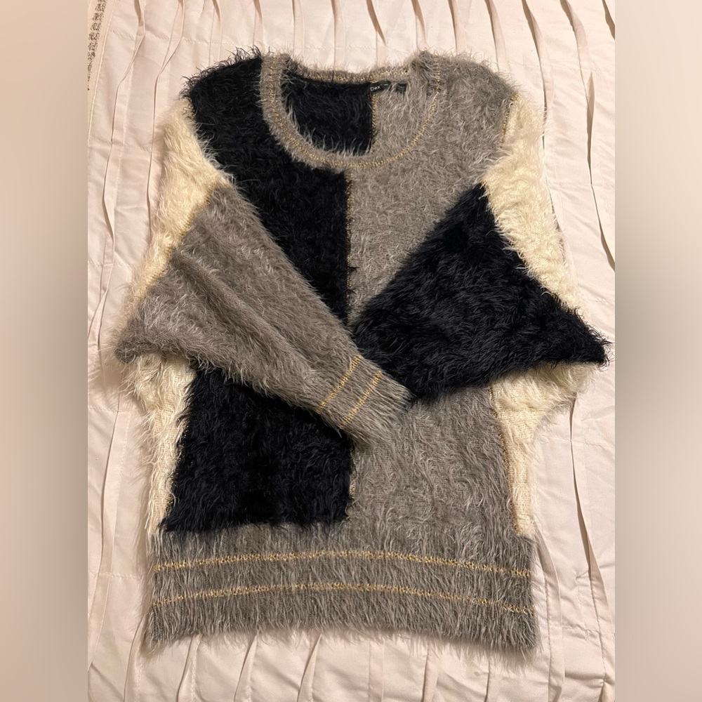 Dex Women's Lightweight Knit Sweater Size XS Black Gray Ivory Gold Accents